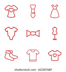 Garment icons set. set of 9 garment outline icons such as baby onesie, dress, mannequin, socks, bow tie, tie, t-shirt with heart