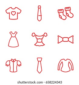 Garment icons set. set of 9 garment outline icons such as baby socks, dress, blouse, bow tie, t-shirt with heart