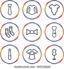 Garment icons set. set of 9 garment outline icons such as baby onesie, mannequin, socks, blouse, bow tie, tie