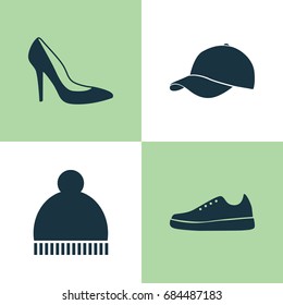 Garment Icons Set. Collection Of Beanie, Heel Footwear, Sneakers And Other Elements. Also Includes Symbols Such As Visor, Cap, Heel.