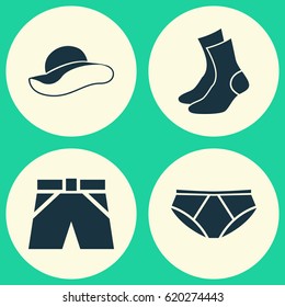 Garment Icons Set. Collection Of Briefs, Half-Hose, Elegant Headgear And Other Elements. Also Includes Symbols Such As Elegant, Shorts, Underpants.