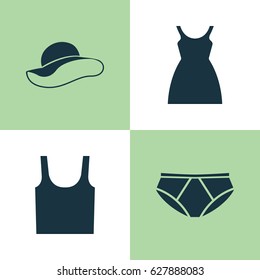 Garment Icons Set. Collection Of Briefs, Dress, Singlet And Other Elements. Also Includes Symbols Such As Sarafan, Pants, Sundress.