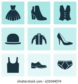 Garment Icons Set. Collection Of Briefs, Cardigan, Heel Footwear And Other Elements. Also Includes Symbols Such As Shoe, Female, Sleeveless.