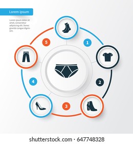 Garment Icons Set. Collection Of Briefs, Pants, Half-Hose And Other Elements. Also Includes Symbols Such As Shoes, Underpants, Shirt.