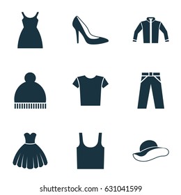 Garment Icons Set. Collection Of Cardigan, Beanie, Singlet And Other Elements. Also Includes Symbols Such As Pompom, Ski, Headgear.