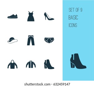 Garment Icons Set. Collection Of Cardigan, Elegant Headgear, Dress And Other Elements. Also Includes Symbols Such As Leggings, Boots, Wear.