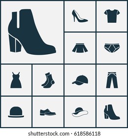 Garment Icons Set. Collection Of Casual, Female Winter Shoes, Trilby And Other Elements. Also Includes Symbols Such As Dress, Shoe, Sarafan.