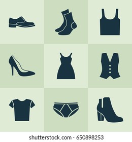 Garment Icons Set. Collection Of Casual, Elegance, Dress And Other Elements. Also Includes Symbols Such As Clothes, Shoes, Boots.