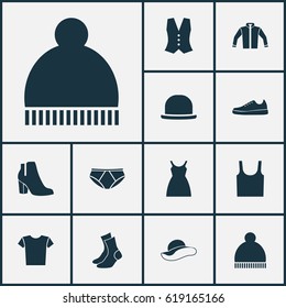 Garment Icons Set. Collection Of Dress, Sneakers, Half-Hose And Other Elements. Also Includes Symbols Such As Ski, Shoes, Garment.