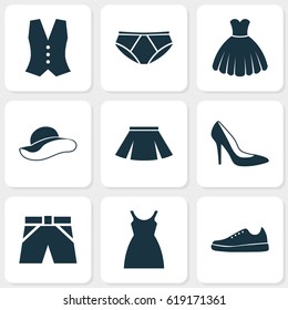 Garment Icons Set. Collection Of Dress, Sneakers, Elegant Headgear And Other Elements. Also Includes Symbols Such As Shorts, Heel, Sarafan.