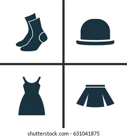 Garment Icons Set. Collection Of Dress, Half-Hose, Stylish Apparel And Other Elements. Also Includes Symbols Such As Hat, Apparel