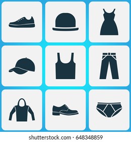 Garment Icons Set. Collection Of Dress, Sweatshirt, Trilby And Other Elements. Also Includes Symbols Such As Trilby, Singlet, Tank.
