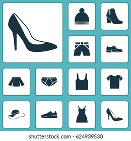 Garment Icons Set. Collection Of Elegance, Stylish Apparel, Elegant Headgear And Other Elements. Also Includes Symbols Such As Elegant, Shirt, Beanie.