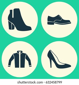 Garment Icons Set. Collection Of Elegance, Female Winter Shoes, Cardigan And Other Elements. Also Includes Symbols Such As Cardigan, Sweatshirt, Footwear.