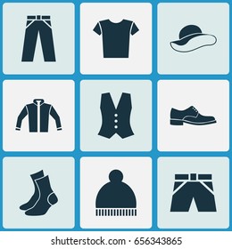 Garment Icons Set. Collection Of Elegance, Waistcoat, Trunks Cloth And Other Elements. Also Includes Symbols Such As Pompom, Ski, Clothes.