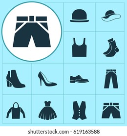 Garment Icons Set. Collection Of Elegant Headgear, Heel Footwear, Trunks Cloth And Other Elements. Also Includes Symbols Such As Footwear, Singlet, Sundress.