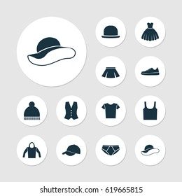 Garment Icons Set. Collection Of Elegant Headgear, Singlet, Panama And Other Elements. Also Includes Symbols Such As Shirt, Gumshoes, Fedora.