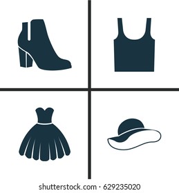 Garment Icons Set. Collection Of Elegant Headgear, Female Winter Shoes, Singlet And Other Elements. Also Includes Symbols Such As Dress, Elegant, Female.