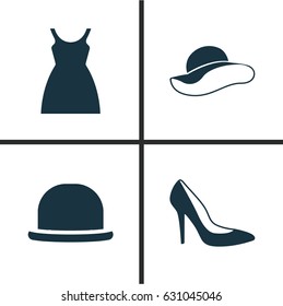 Garment Icons Set. Collection Of Elegant Headgear, Heel Footwear, Dress And Other Elements. Also Includes Symbols Such As Hat, Sundress, Dress.