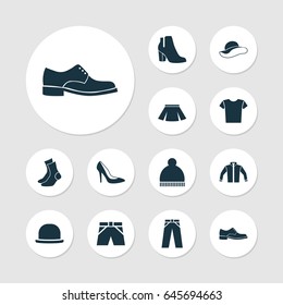 Garment Icons Set. Collection Of Elegant Headgear, Heel Footwear, Casual And Other Elements. Also Includes Symbols Such As Footwear, Elegant, Shirt.