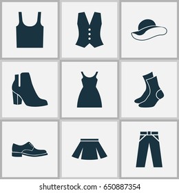 Garment Icons Set. Collection Of Elegant Headgear, Singlet, Stylish Apparel And Other Elements. Also Includes Symbols Such As Sundress, Headgear, Skirt.