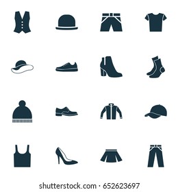 Garment Icons Set. Collection Of Elegant Headgear, Cardigan, Elegance And Other Elements. Also Includes Symbols Such As Male, Trunks, Leggings.