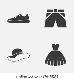 Garment Icons Set. Collection Of Elegant Headgear, Sarafan, Trunks Cloth And Other Elements. Also Includes Symbols Such As Gumshoes, Cloth, Sneakers.