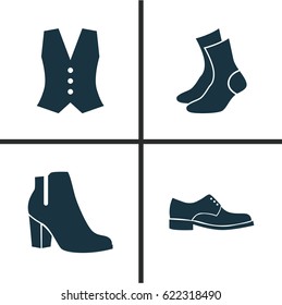 Garment Icons Set. Collection Of Female Winter Shoes, Half-Hose, Waistcoat And Other Elements. Also Includes Symbols Such As Garment, Boots, Male.