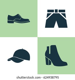 Garment Icons Set. Collection Of Female Winter Shoes, Trunks Cloth, Trilby And Other Elements. Also Includes Symbols Such As Cap, Visor, Shoes.