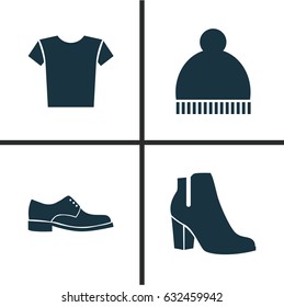 Garment Icons Set. Collection Of Female Winter Shoes, Beanie, Casual And Other Elements. Also Includes Symbols Such As Ski, Pompom, Clothes.