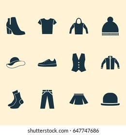 Garment Icons Set. Collection Of Female Winter Shoes, Beanie, Sneakers And Other Elements. Also Includes Symbols Such As Half-Hose, Pants, Apparel.