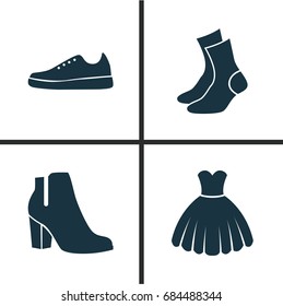 Garment Icons Set. Collection Of Female Winter Shoes, Sneakers, Sarafan And Other Elements. Also Includes Symbols Such As Half-Hose, Female, Sarafan.