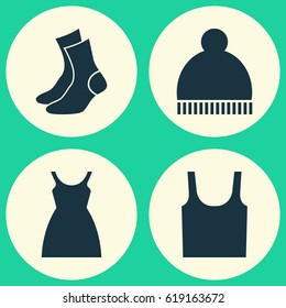 Garment Icons Set. Collection Of Half-Hose, Dress, Beanie And Other Elements. Also Includes Symbols Such As Dress, Sundress, Beanie.