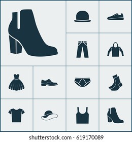 Garment Icons Set. Collection Of Half-Hose, Singlet, Sarafan And Other Elements. Also Includes Symbols Such As Socks, Shirt, Sarafan.