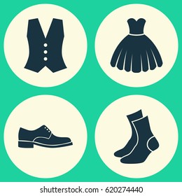 Garment Icons Set. Collection Of Half-Hose, Waistcoat, Sarafan And Other Elements. Also Includes Symbols Such As Footwear, Garment, Half-Hose.