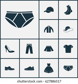 Garment Icons Set. Collection Of Half-Hose, Sarafan, Heel Footwear And Other Elements. Also Includes Symbols Such As Shoe, Half-Hose, Shirt.