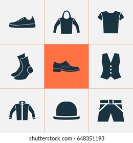 Garment Icons Set. Collection Of Half-Hose, Sweatshirt, Waistcoat And Other Elements. Also Includes Symbols Such As Fedora, Gumshoes, Jacket.