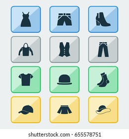 Garment Icons Set. Collection Of Half-Hose, Waistcoat, Pants And Other Elements. Also Includes Symbols Such As Shorts, Half-Hose, Dress.