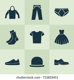 Garment Icons Set. Collection Of Half-Hose, Sarafan, Panama And Other Elements. Also Includes Symbols Such As Sarafan, Footwear, Sneakers.