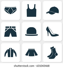 Garment Icons Set. Collection Of Heel Footwear, Briefs, Trilby And Other Elements. Also Includes Symbols Such As Sweatshirt, Half-Hose, Cloth.