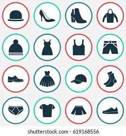 Garment Icons Set. Collection Of Panama, Sneakers, Female Winter Shoes And Other Elements. Also Includes Symbols Such As Clothes, Dress, Shoe.