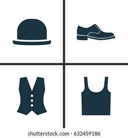 Garment Icons Set. Collection Of Panama, Singlet, Waistcoat And Other Elements. Also Includes Symbols Such As Hat, Footwear, Waistcoat.