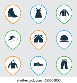 Garment Icons Set. Collection Of Panama, Sweatshirt, Elegance And Other Elements. Also Includes Symbols Such As Trousers, Cardigan, Leggings.