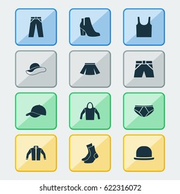 Garment Icons Set. Collection Of Pants, Sweatshirt, Panama And Other Elements. Also Includes Symbols Such As Briefs, Shoes, Pants.