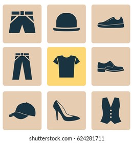 Garment Icons Set. Collection Of Pants, Trunks Cloth, Trilby And Other Elements. Also Includes Symbols Such As Casual, Fedora, Shoe.