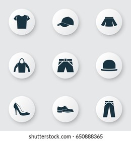 Garment Icons Set. Collection Of Pants, Trilby, Stylish Apparel And Other Elements. Also Includes Symbols Such As Sweatshirt, Hat, Fedora.