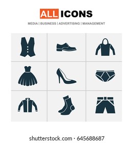 Garment Icons Set. Collection Of Sarafan, Half-Hose, Briefs And Other Elements. Also Includes Symbols Such As Dress, Vest, Heel.