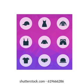Garment Icons Set. Collection Of Singlet, Panama, Stylish Apparel And Other Elements. Also Includes Symbols Such As Cardigan, Hat, Casual.