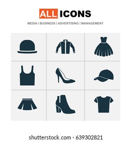 Garment Icons Set. Collection Of Singlet, Casual, Cardigan And Other Elements. Also Includes Symbols Such As Sweatshirt, Visor, Footwear.