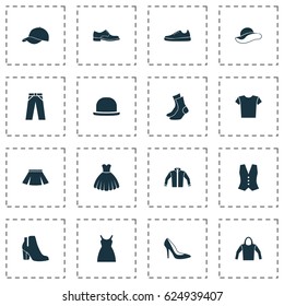 Garment Icons Set. Collection Of Sneakers, Trilby, Stylish Apparel And Other Elements. Also Includes Symbols Such As Jacket, Half-Hose, Sarafan.